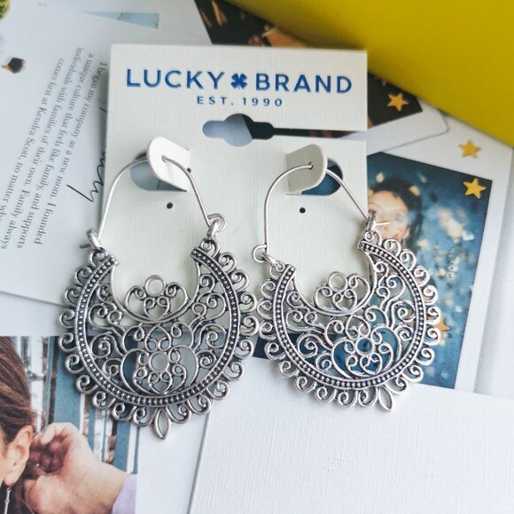Lucky Brand Silver Boho Hoop Earrings Intricate Design Elegant Jewelry Gift - Picture 1 of 2